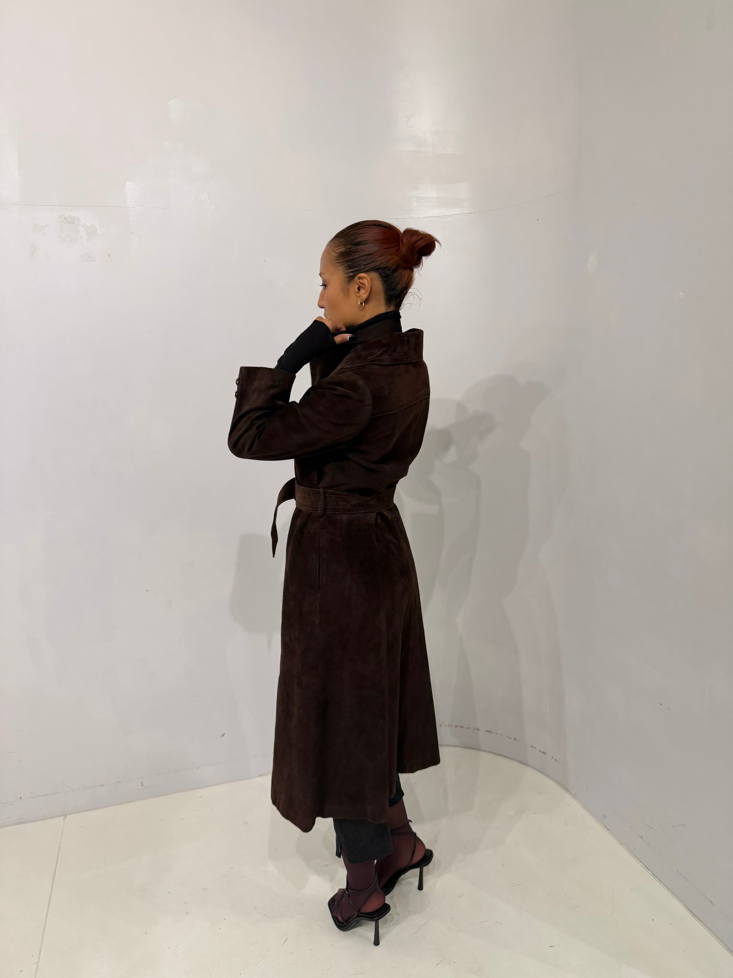 brown long suède coat