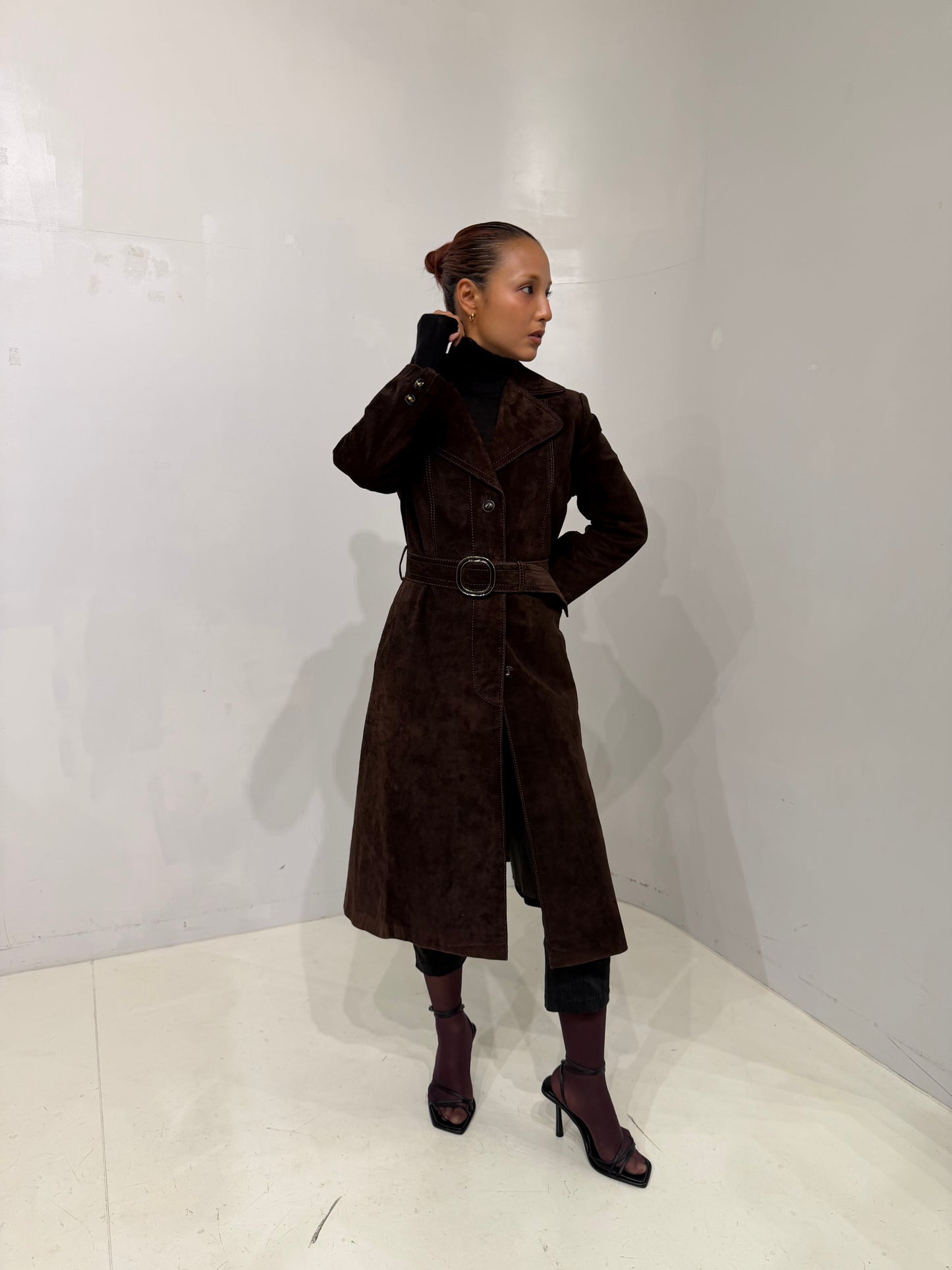 brown long suède coat