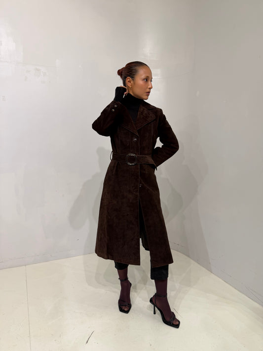 brown long suède coat