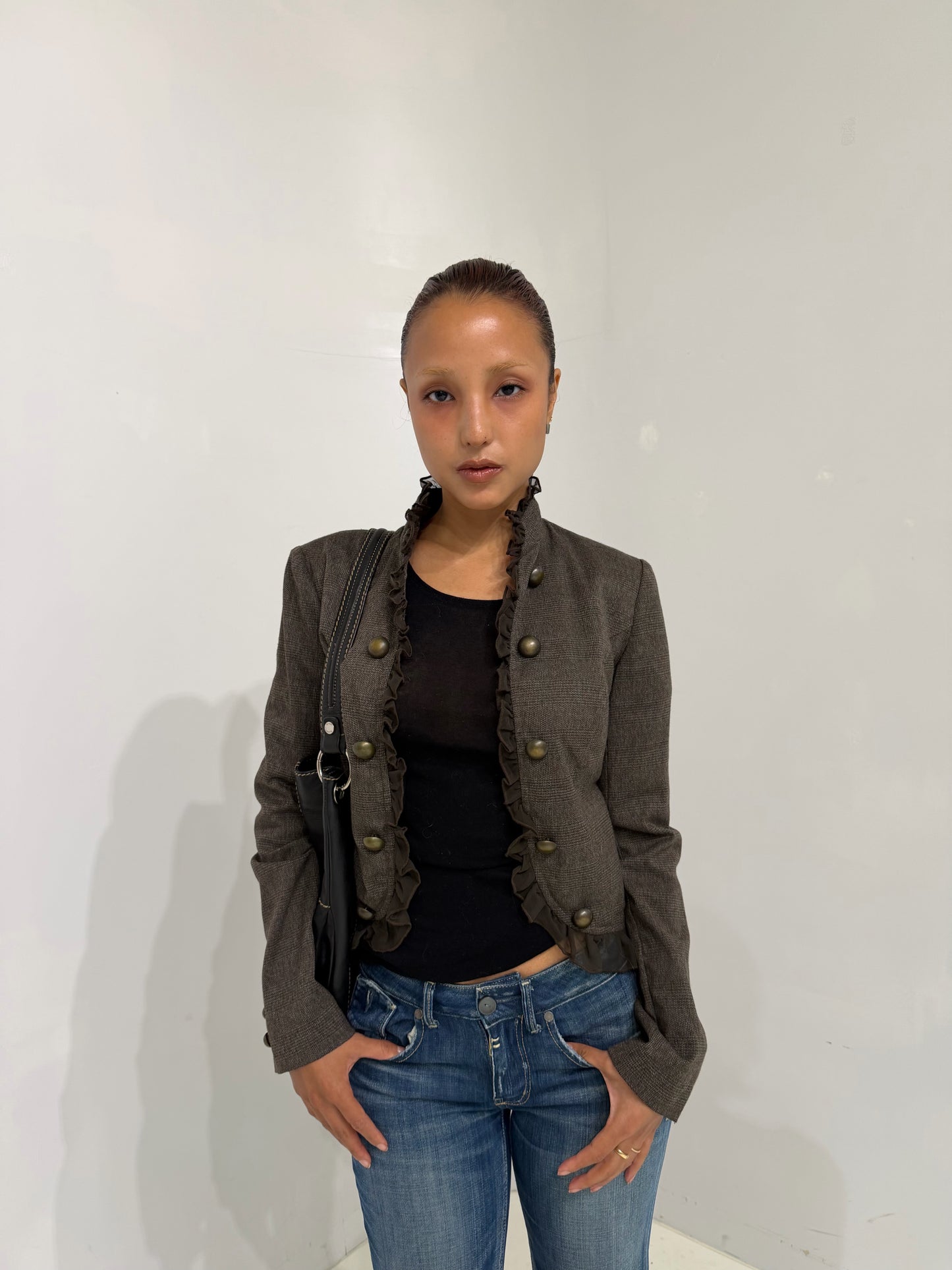 brown shadow stripe  frilled jacket