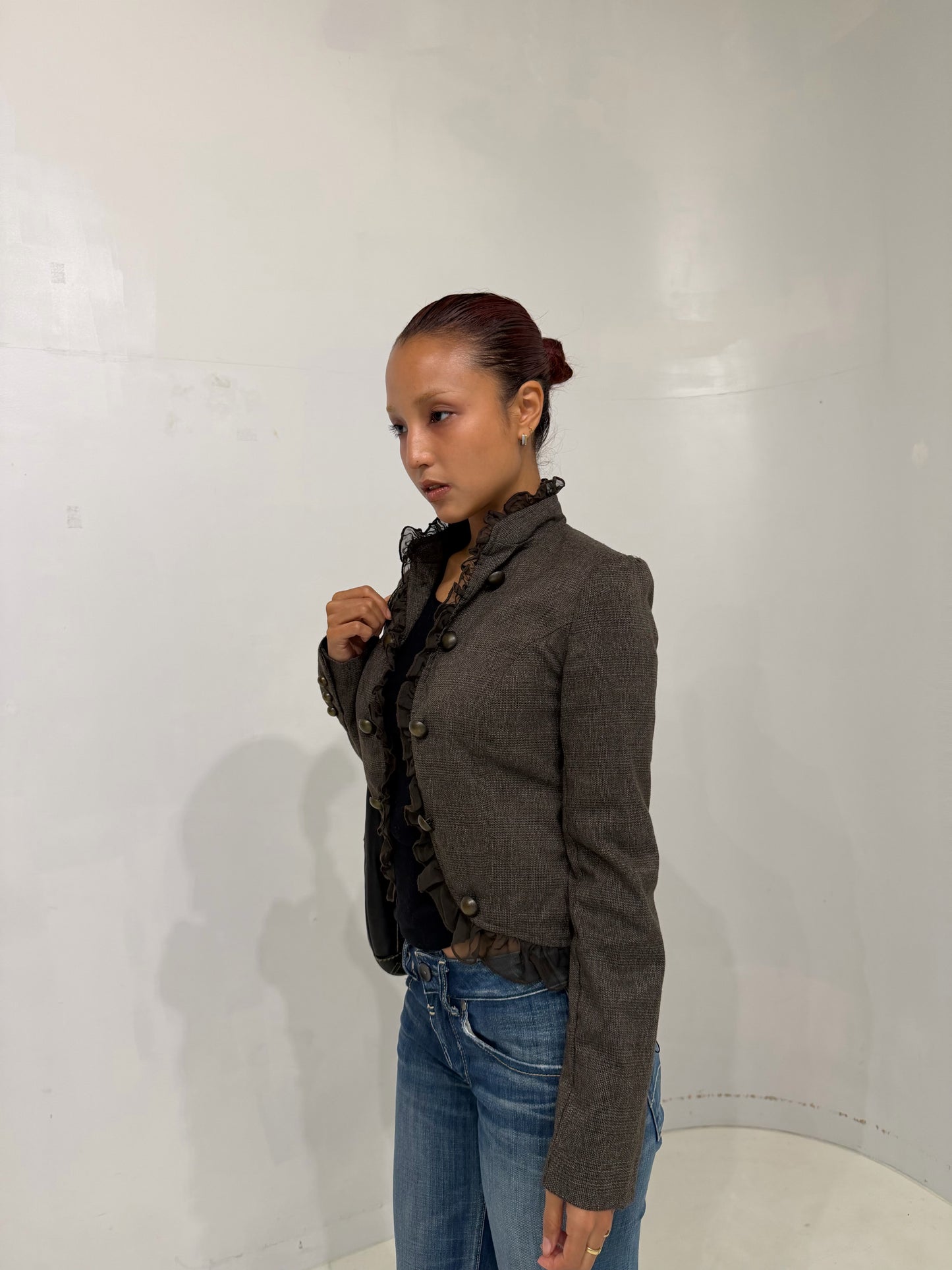 brown shadow stripe  frilled jacket