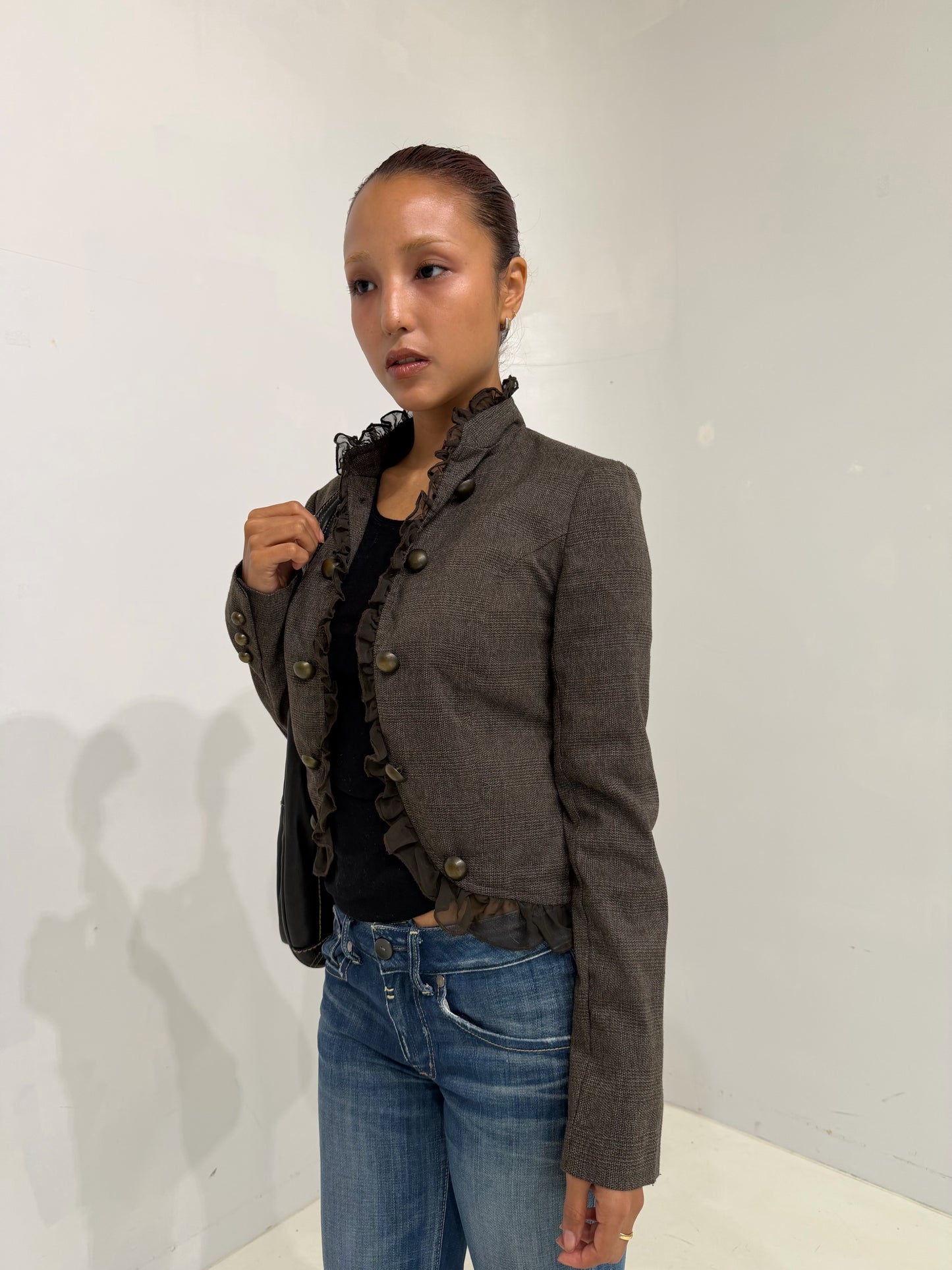 brown shadow stripe  frilled jacket