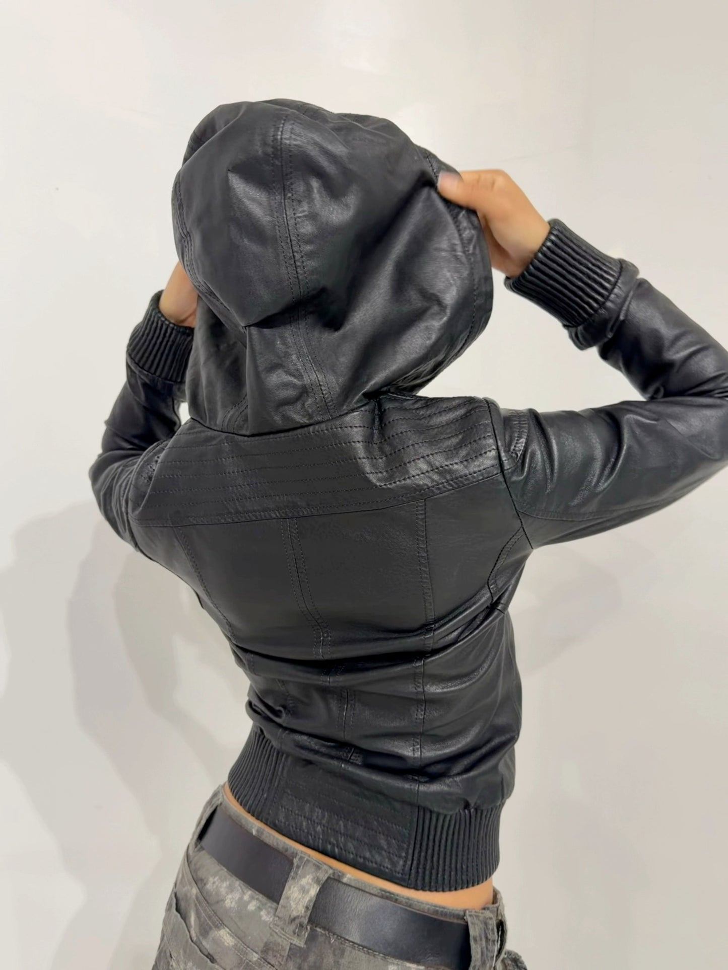 real leather black hooded  jacket