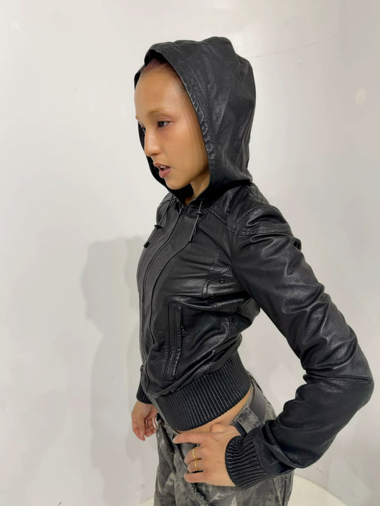 real leather black hooded  jacket