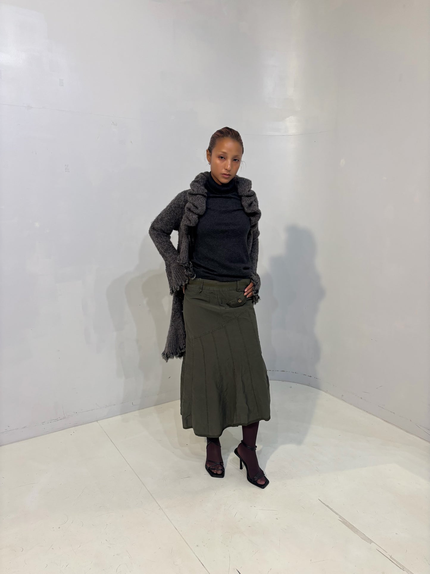 frilled gray knit cardigan