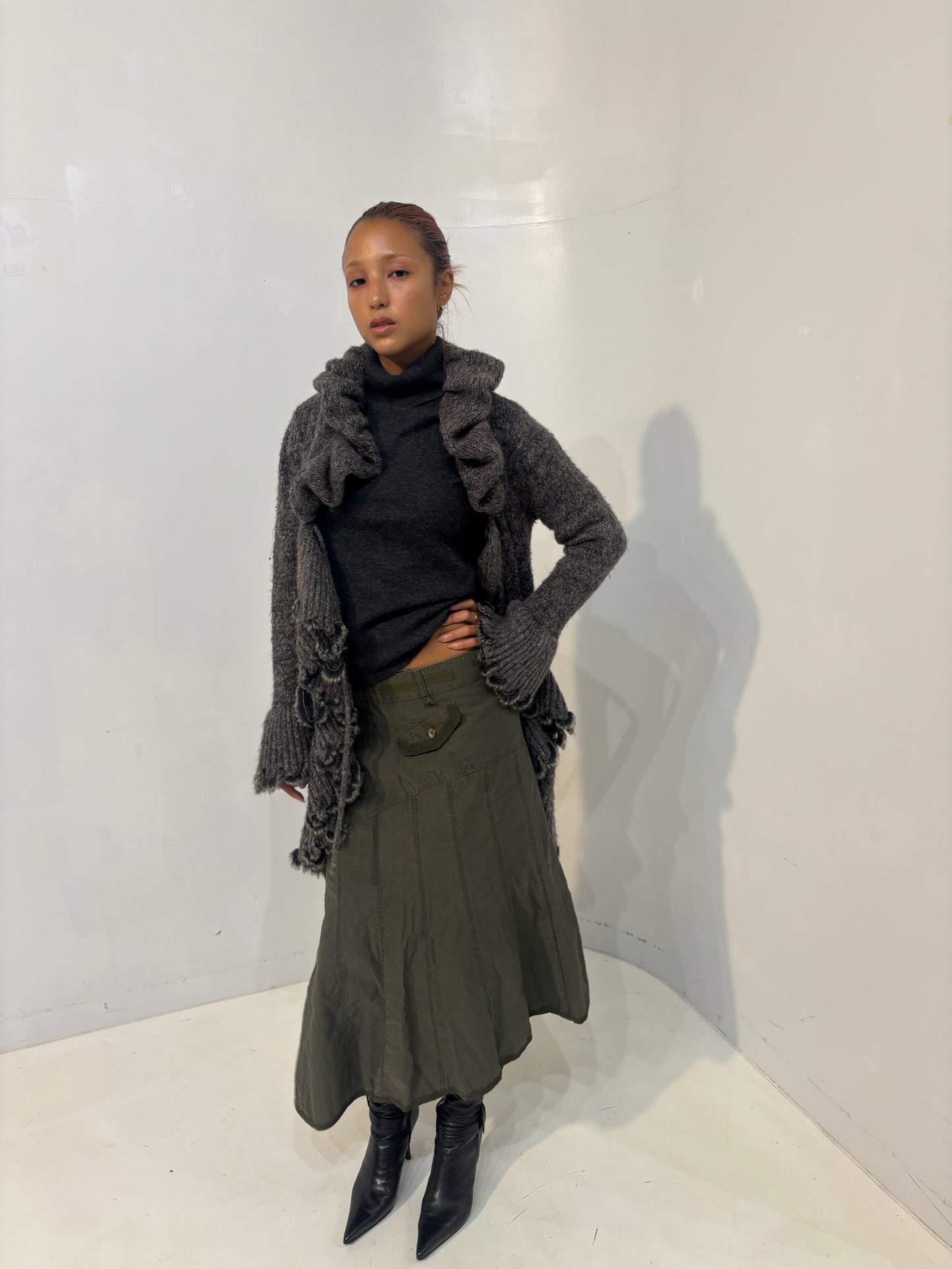 frilled gray knit cardigan