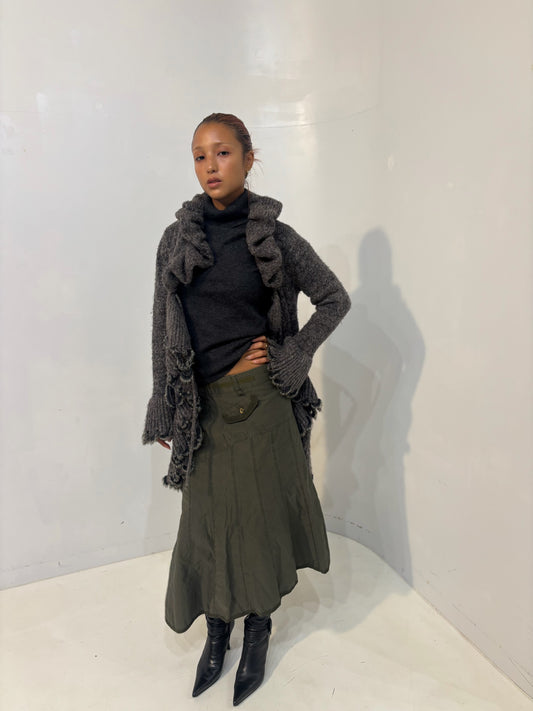 frilled gray knit cardigan